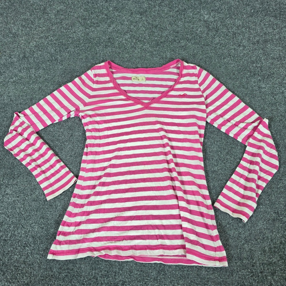 2000s Hollister Womens Large Pink White Striped V-Neck Long Sleeve T-Shirt Logo